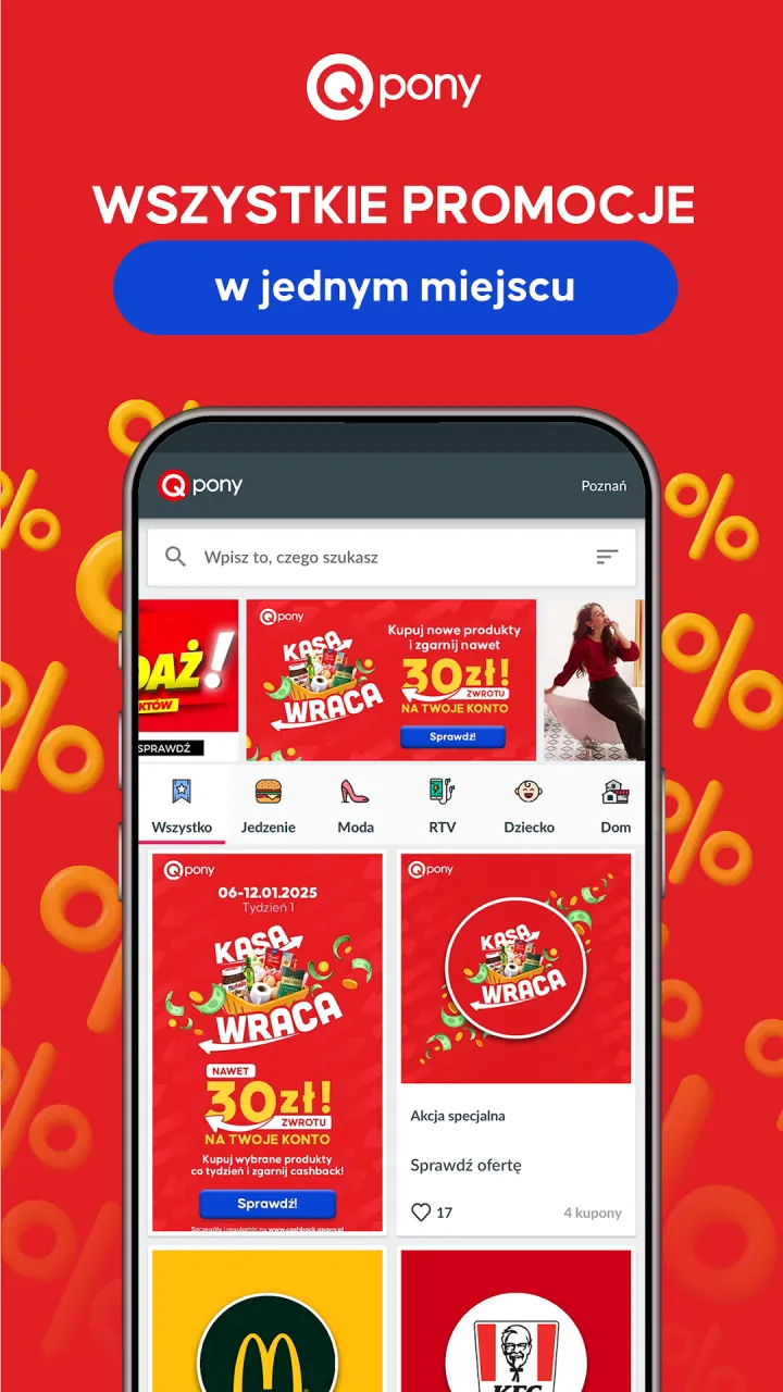 Ekran główny aplikacji Qpony: wszystkie promocje w jednym miejscu, m.in. Kasa Wraca, McDonald's i KFC